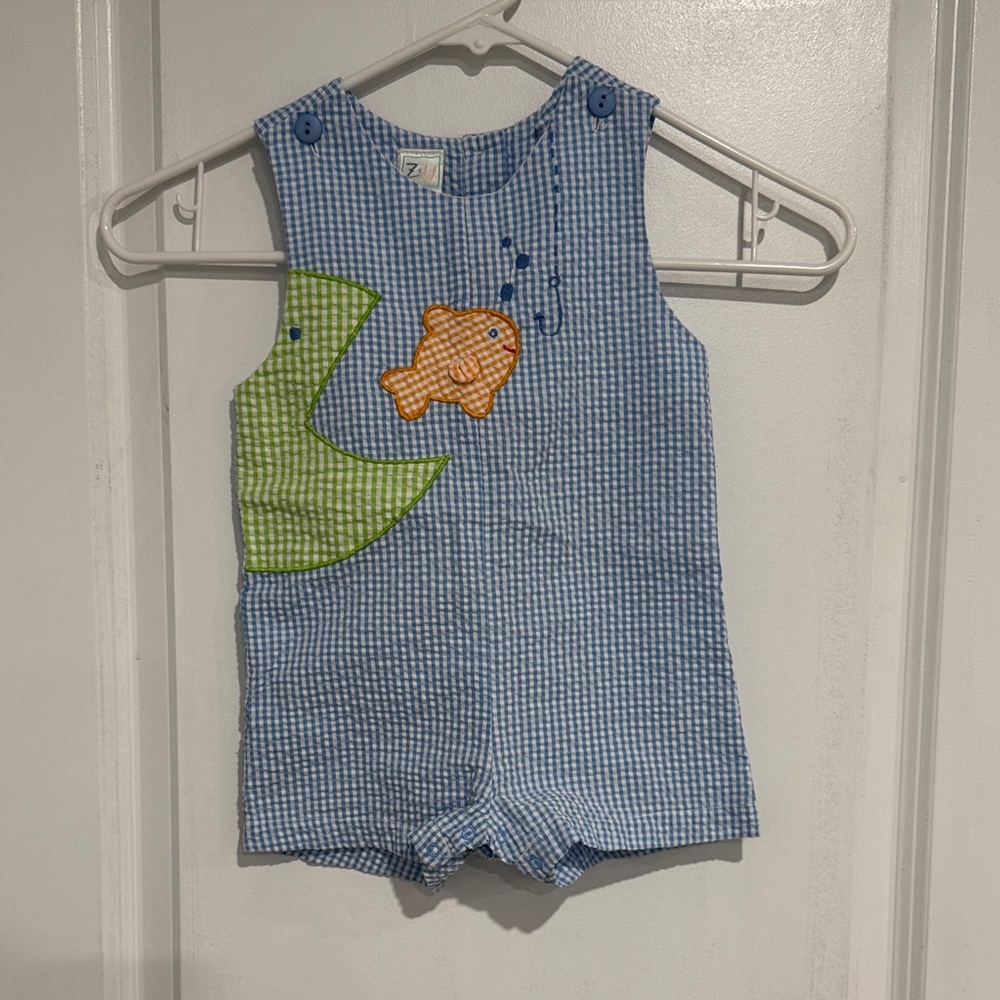 Blue Gingham Baby Romper with Fish Appliqué